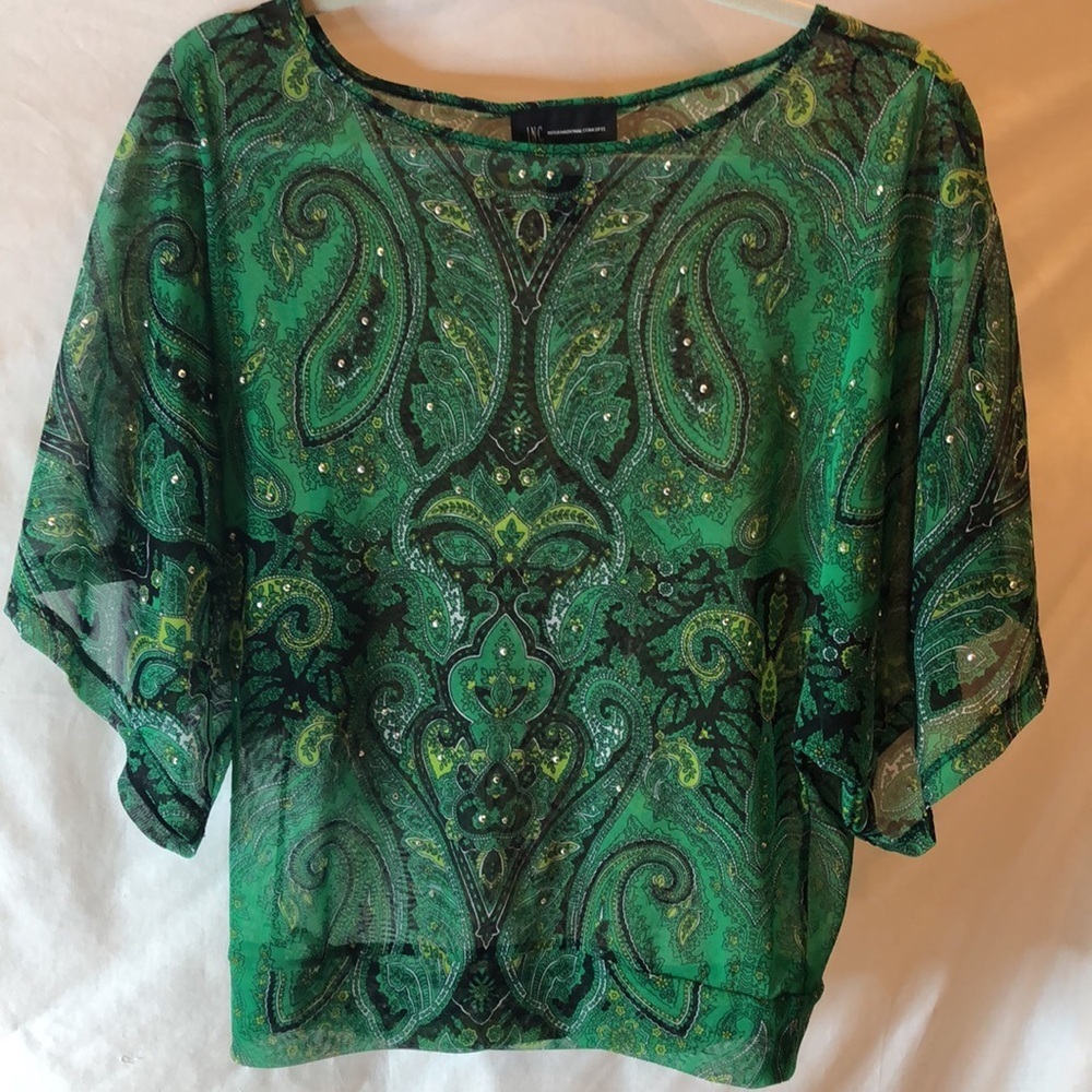 INC International Concepts Sheer Green print Embellished Blouse Top Women’s S